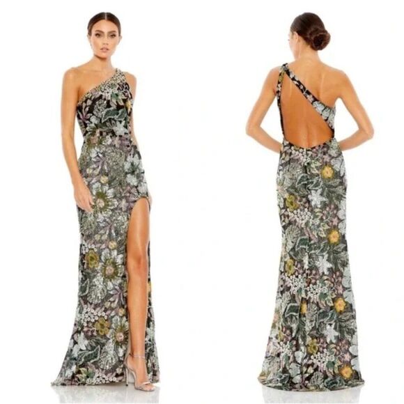 Mac Duggal 49574 Size 10 Floral Black Green Pink One Shoulder Gown Maxi Dress - Picture 6 of 10